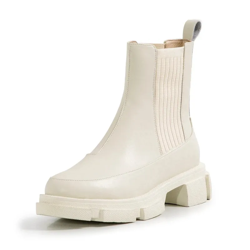 Hnzxzm New Ankle Boots for Women Thick Bottom Round Toe Genuine Leather Boots Black White All-match Botas Feminina Platform Shoes