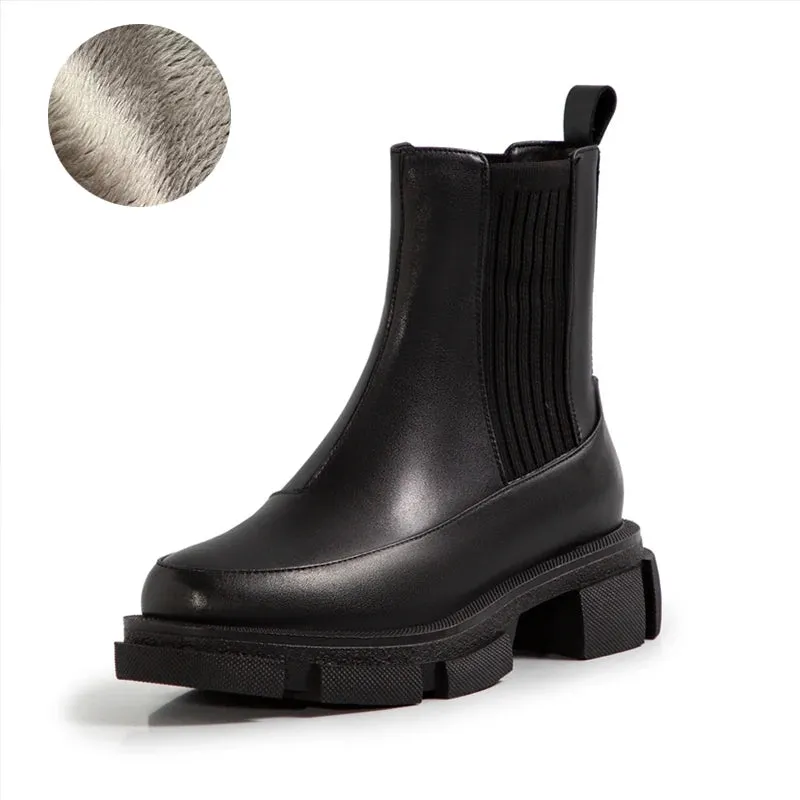 Hnzxzm New Ankle Boots for Women Thick Bottom Round Toe Genuine Leather Boots Black White All-match Botas Feminina Platform Shoes