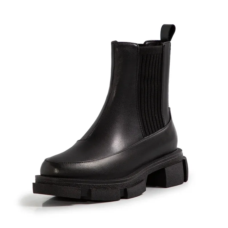 Hnzxzm New Ankle Boots for Women Thick Bottom Round Toe Genuine Leather Boots Black White All-match Botas Feminina Platform Shoes